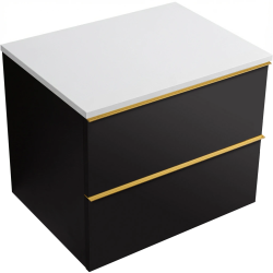 CERANO - Kúpeľňová skrinka Velora - čierna matná, úchytka zlatá + doska z lit. mramoru Elanys - 12 mm - biela matná - 60x54,2x46,5 (CER-679442)