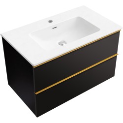 CERANO - Kúpeľňová skrinka Velora - čierna matná, úchytka zlatá + keramické umývadlo Novo - biela lesklá - 81x54,5x46,5 (CER-979901)