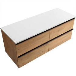 CERANO - Kúpeľňová skrinka Velora - dub medový, úchytka čierna + doska z lit. mramoru Elanys - 12 mm - biela matná - 160x54,2x46,5 (CER-679448)
