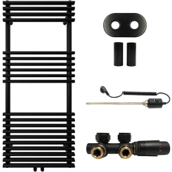 CERANO - Kúpeľňový radiátorový set Luigi - kombinované vykurovanie, termo tyč - stredové pripojenie 50 mm - 300W - čierna matná - 1200x500 mm (CER-663424)