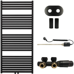 CERANO - Kúpeľňový radiátorový set Vincenzo - kombinované vykurovanie, termo tyč - stredové pripojenie 50 mm - 600W - čierna matná - 1340x600 mm (CER-663508)