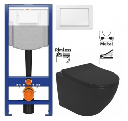 CERSANIT predstenový inštalačný systém s bielym tlačidlom K97-516 + WC REA CARLO MINI RIMLESS ČIERNY MAT + SEDADLO (K97-526 516 MM1)