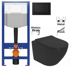 CERSANIT predstenový inštalačný systém s čiernym tlačidlom K97-0574 + WC REA CARLO MINI RIMLESS ČIERNY MAT + SEDADLO (K97-526 0574 MM1)