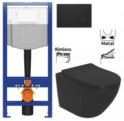 CERSANIT predstenový inštalačný systém s čiernym tlačidlom K97-0637 + WC REA CARLO MINI RIMLESS ČIERNY MAT + SEDADLO (K97-526 0637 MM1)