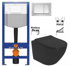 CERSANIT predstenový inštalačný systém s tlačidlom chrom K97-509 + WC REA CARLO MINI RIMLESS ČIERNY MAT + SEDADLO (K97-526 509 MM1)