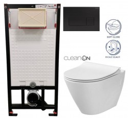 DEANTE Podomietkový rám, pre závesné WC misy + SLIM tlačidlo čierne + WC CERSANIT CLEANON CITY + SEDADLO (CST_WC01 N51P CI1)