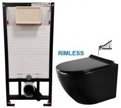 DEANTE Podstavný rám, pre závesné WC misy bez tlačidla + WC MEXEN LENA ČERNÁ Rimless + SEDADLO (CST_WC01 X ME01)