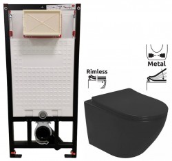 DEANTE Podstavný rám, pre závesné WC misy bez tlačidla + WC REA CARLO MINI RIMLESS ČIERNY MAT + SEDADLO (CST_WC01 X MM1)