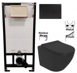 DEANTE Podstavný rám, pre závesné WC misy + SLIM tlačidlo černé + WC REA CARLO MINI RIMLESS ČIERNY MAT + SEDADLO (CST_WC01 N51P MM1)