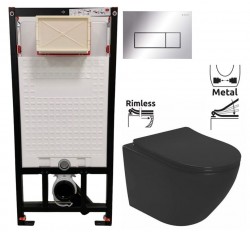 DEANTE Podstavný rám, pre závesné WC misy + SLIM tlačidlo chrom + WC REA CARLO MINI RIMLESS ČIERNY MAT + SEDADLO (CST_WC01 051P MM1)