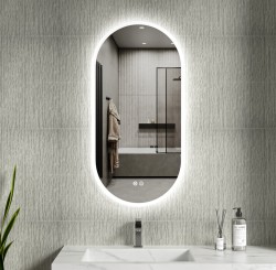 Erga Demi, oválne LED zrkadlo 50x100cm, 3 farby svetla, predné osvetlenie, vyhrievacia podložka proti zapareniu, (ERG-V01-DEMI-5010-CL)