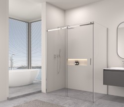 Erga Lynn, sprchový kút s posuvnými dverami 100(dvere) x 100(stena) x 195 cm, 8mm číre sklo, chrómový profil, (ERG-V02-LYNN-D100G100-CL-CR)