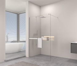 Erga Paris, sprchová zástena Walk-In 50x200 cm s poličkou a vešiakom na uteráky, 8mm číre sklo, chrómový profil, ERG-V02-PARIS-050x200-CL-CR-BAR (ERG-V02-PARIS-050X200-CL-CR-SHELF)