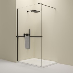 Erga Paris, sprchová zástena Walk-In 90x200 cm s poličkou a vešiakom na uteráky, 8mm číre sklo, čierny profil, ERG-V02-PARIS-090x200-CL-BK-BAR (ERG-V02-PARIS-090X200-CL-BK-BAR)