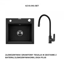 INVENA - Granitový drez TESALIA, čierny s automatickým sifónom, chróm + batéria JOGA PLUS (AZ-01-041-SET)