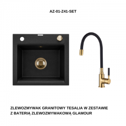 INVENA - Granitový drez TESALIA, čierny s automatickým sifónom, zlatý + batéria GLAMOUR (AZ-01-Z41-SET)