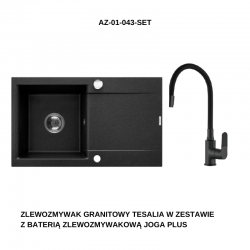 INVENA - Granitový drez TESALIA dlhý odkvap, čierny s automatickým sifónom, chróm + batéria JOGA PLUS (AZ-01-043-SET)