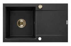 INVENA - Granitový drez TESALIA dlhý odkvap, čierny s automatickým sifónom, zlatý (AZ-01-Z43-B)