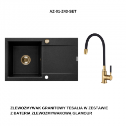 INVENA - Granitový drez TESALIA dlhý odkvap, čierny s automatickým sifónom, zlatý + batéria GLAMOUR (AZ-01-Z43-SET)