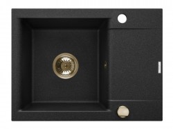 INVENA - Granitový drez TESALIA krátky odkvap, čierny s automatickým sifónom, zlatý (AZ-01-Z42-B)