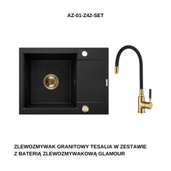 INVENA - Granitový drez TESALIA krátky odkvap, čierny s automatickým sifónom, zlatý + batéria GLAMOUR (AZ-01-Z42-SET)