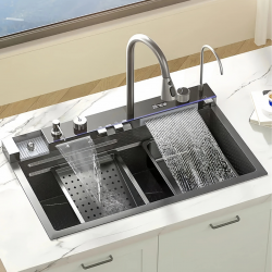 Jednokomorový oceľový drez s dvojitým vodopádom 75 x 45 cm, PVD grafit, VELAZO VELAZ(7545HQ)