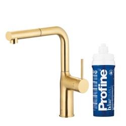 KFA - Duero pure move pull-out, filtrujúca s otočnou výtokovou armatúrou, brúsené svetlé zlato + profine blue s (6623-423-39)