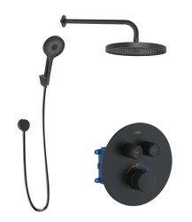 Kielle - Oudee Sprchový set s termostatickou batériou pod omietku, na 2 spotrebiče, s príslušenstvom EcoSpare a telesom, matná čierna (20602SPT24)