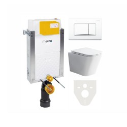 Mereo WC set - Rimless WC hranaté, modul na zamurovanie, biele hranaté tlačidlo (MM01SETRB)