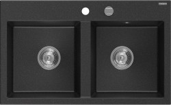 MEXEN - Hektor granitový drez 2-bowl 800 x 480 mm, čierna/strieborná metalík, sifón chróm (6521802000-73)