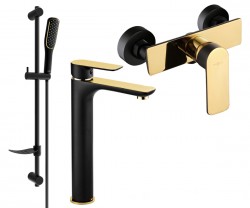 MEXEN/S - Alfa DF49 Set umývadlovej a sprchovej batérie s príslušenstvom, čierno / zlatá (745714DF49-75)