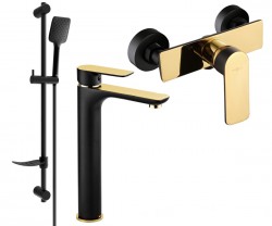 MEXEN/S - Alfa DF62 SET umývadlová batéria + sprchová s príslušenstvom, čierna / zlatá (745714DF62-75)