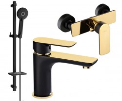 MEXEN/S - Alfa DQ40 Set umývadlovej a sprchovej batérie s príslušenstvom, čierno/zlatá (745704DQ40-75)