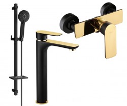 MEXEN/S - Alfa DQ40 Set umývadlovej a sprchovej batérie s príslušenstvom, čierno/zlatá (745714DQ40-75)