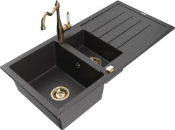 MEXEN/S - Andres granitový drez s odkvapkávačom vrátane batérie Carla, čierna nakrápiany (6515-76-670700-50)