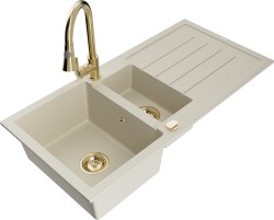MEXEN/S - Andres granitový drez s odkvapkávačom vrátane batérie Elia, béžová (6515-69-670101-50)