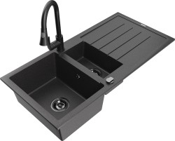 MEXEN/S - Andres granitový drez s odkvapkávačom vrátane batérie Elia, čierna kropenatá (6515-76-670101-70-B)