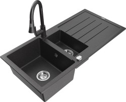 MEXEN/S - Andres granitový drez s odkvapkávačom vrátane batérie Elia, čierna kropenatá (6515-76-670101-76)