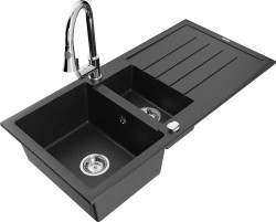 MEXEN/S - Andres granitový drez s odkvapkávačom vrátane batérie Elia, čierna/strieborná metalík (6515-73-670101-00)