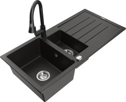 MEXEN/S - Andres granitový drez s odkvapkávačom vrátane batérie Elia, čierna/zlatá metalik (6515-75-670101-70)