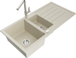 MEXEN/S - Andres granitový drez s odkvapkávačom vrátane batérie Flora, béžová (6515-69-670401-00)