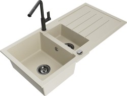 MEXEN/S - Andres granitový drez s odkvapkávačom vrátane batérie Flora, béžová (6515-69-670401-70-B)