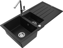 MEXEN/S - Andres granitový drez s odkvapkávačom vrátane batérie Flora, čierna (6515-77-670401-00)