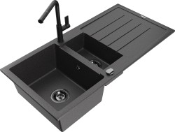 MEXEN/S - Andres granitový drez s odkvapkávačom vrátane batérie Flora, čierna nakrapiany (6515-76-670401-70-B)