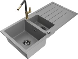MEXEN/S - Andres granitový drez s odkvapkávačom vrátane batérie Flora, šedá (6515-71-670401-57-B)
