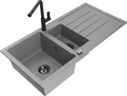 MEXEN/S - Andres granitový drez s odkvapkávačom vrátane batérie Flora, šedá (6515-71-670401-70-B)