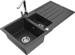 MEXEN/S - Andres granitový drez s odkvapkávačom vrátane batérie Rita, čierna nakrapiany (6515-76-670300-00)