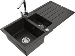 MEXEN/S - Andres granitový drez s odkvapkávačom vrátane batérie Rita, čierna/zlatá metali (6515-75-670300-00)