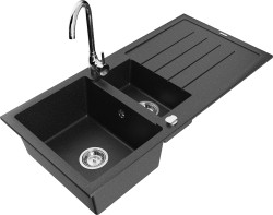 MEXEN/S - Andres granitový drez s odkvapkávačom vrátane batérie Telma, čierna/strieborná (6515-73-670200-00)