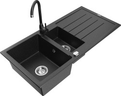 MEXEN/S - Andres granitový drez s odkvapkávačom vrátane batérie Telma, čierna/strieborná (6515-73-670200-70)